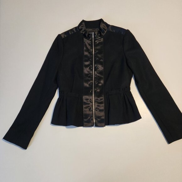 BCBGMAXAZRIA Black Peplum Jacket Satin Button Wool Military Goth Small NEW‎ NWT - Picture 2 of 10